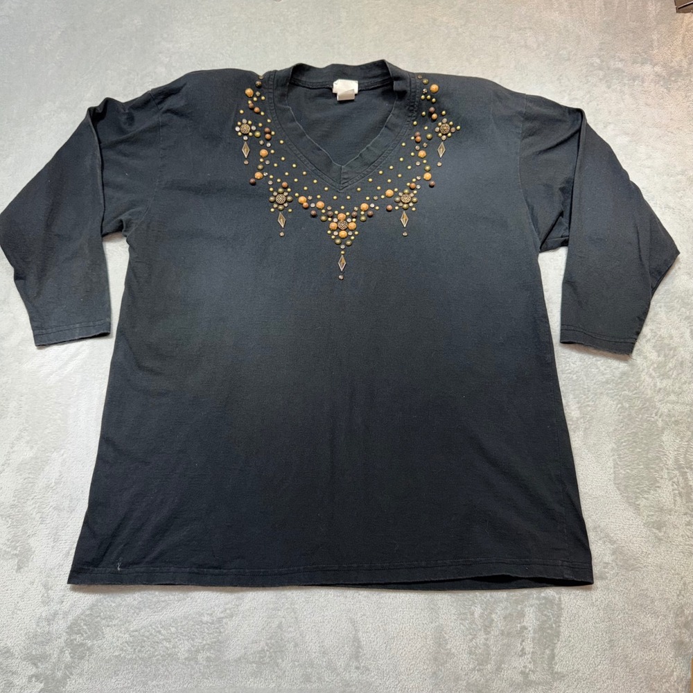 Vintage 90s Boho Beaded V-Neck Long Sleeve Top Black Studded Earthy Aesthetic L